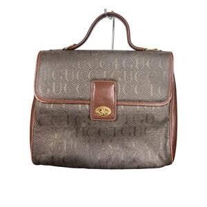 Gucci Vintage Jacquard Top Handle Purse Bag Green Brown Leather Spellout